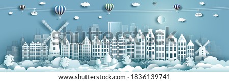 Travel architecture Netherlands landmarks in amsterdam famous city of europe with balloons hot air, Travelling Netherlands with panoramic popular history capital by paper origami, Vector illustration.