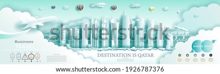 Travel Qatar top world modern skyscraper and famous city architecture. Modern business brochure design for advertising with infographics.Tour Doha in Qatar landmark of Asia with popular skyline.