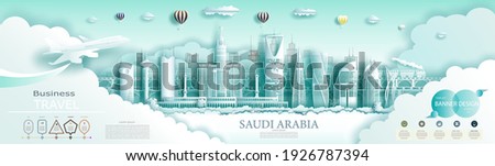 Travel Saudi arabia top world modern skyline and famous city architecture. Modern business brochure design for advertising with infographics.Tour saudi landmark of Asia with popular skyline. Paper art