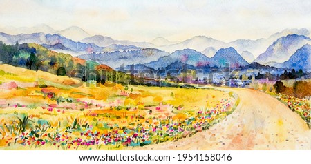 Watercolor landscape painting panorama colorful of mountain range beautiful flower field tree and farm forest with sunrise, sky cloud background in nature autumn season. Painted illustration