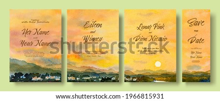 Wedding invitation card set with watercolor landscape paintings mountain sunset and sky cloud in abstract background, Painting abstract landscape sky cloud background. Hand drawn illustration design.