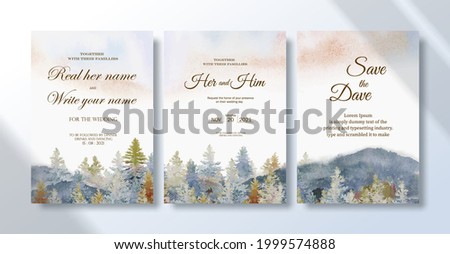 Wedding invitation card set with watercolor landscape paintings pine in summer and mountain in sky background, Painting abstract landscape sky cloud background. Hand drawn illustration design.