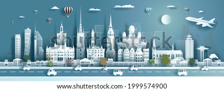 Illustration travel landmarks architecture Sweden in Stockholm famous city downtown. Tour scandinavia with panorama popular capital with society in cityscape, Vector illustration paper art, paper cut.