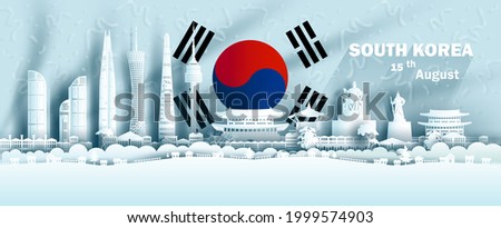 Illustration Anniversary celebration independence South Korea day in background South Korea flag, Travel landmarks asia architecture in Korea, Paper art, paper cut origami style. Vector illustration