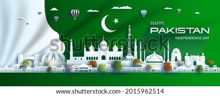 Illustration Anniversary celebration pakistan day with green flag background. Travel landmarks city architecture of pakistan in islamabad and lahore, paper art, paper cut style. Vector illustration