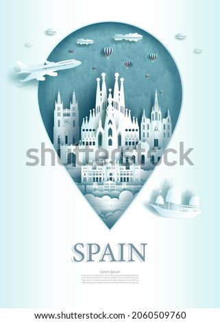Vector illustration pin point symbol. Travel landmarks Spain architecture monument pin in europe with ancient city building business travel poster and postcard. Tour landmark of madrid architecture.