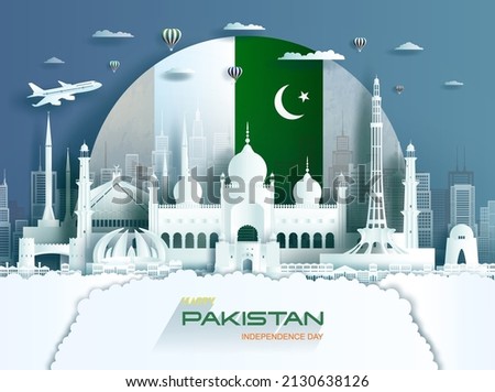 Travel landmarks Pakistan islamabad city with celebration Pakistan independence day in flag background, Tour asia landmark to Lahore with panorama view cityscape popular capital, Origami paper art.