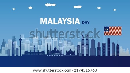 Travel landmark of Malaysia skyline in silhouette vector isolated cityscape panoramic architecture area, Anniversary Malaysia day in kuala lumpur with Malaysian flag, Vector silhouette isolated style.