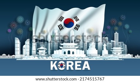 South Korea Day Anniversary celebration independence and travel landmarks Korea with Korean flag background, Tour Asia landmark to seoul with panorama view popular capital in origami paper cut.