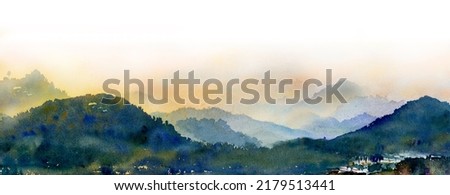 Panorama mountain range watercolor landscape painting on paper background. Watercolor landscape semi abstract image of tree painting on paper texture with mountain tree and field in sky background.