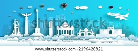 Travel Tajikistan to middle east landmarks of asia with modern architecture cityscape background. Tour landmark arabia to Tajikistan, Khujand, Dushanbe, Asia, Business travel brochure modern design.