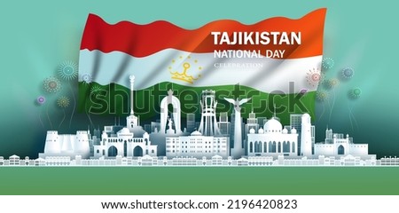Anniversary celebration independence Tajikistan day and travel landmarks khujand city with Tajikistan flag background, Tour asia landmark with panorama view popular capital in origami paper cut.