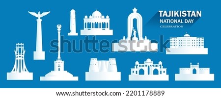 Travel landmarks Tajikistan with isolated silhouette architecture on blue background, Tajikistan architecture icon and symbol with tour asia landmark to khujand for brochure, advertisement, template.