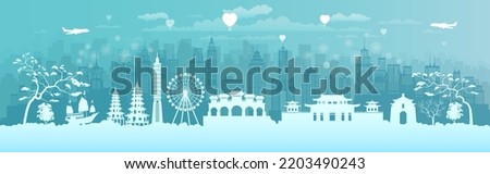 Travel landmarks Taiwan with silhouette architecture background, Taiwan day anniversary celebration and tour architecture landmark to Taipei in asia with panorama view popular capital.