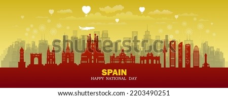 Travel landmarks Spain with silhouette architecture background, Spain republic day anniversary celebration and tour architecture landmark to barcelona with panorama view popular capital.