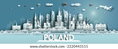 Travel landmarks europe to Poland tour famous city landmarks architecture to warsaw with balloons, Travel landmark Poland with panoramic cityscape popular capital, Vector illustration