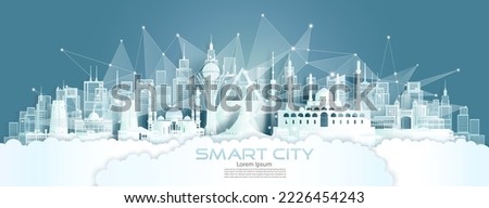 Technology wireless network communication smart city with architecture in Kazakhstan at asia downtown skyscraper on blue background, Vector illustration futuristic green city and panorama view.