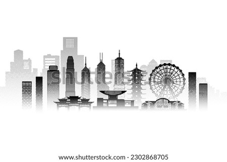 Travel architecture silhouette in Hong Kong with Black halftone style. Tour Hong Kong architectural famous landmarks of China in Asia on white background. Tour China with silhouette city capital.