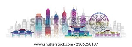 Modern architecture skyscrapers in Hong Kong with colorful halftone. Tour Hong Kong architectural landmarks famous city of China in Asia on white background. Tour China with panorama popular capital.