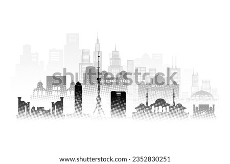 Travel architecture silhouette in Uzbekistan with Black halftone style. Tour Uzbekistan architectural famous landmarks of turkmenistan in Asia on white background. Tour mizdakhan city capital