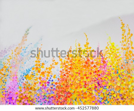Abstract watercolor original landscape painting imagination colorful of beauty flowers and emotion in blue background