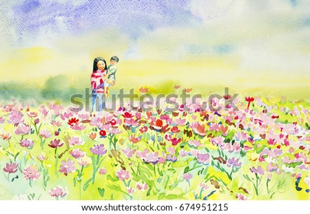 Painting watercolor flower original pink,red,yellow,orange colors of daisy flowers,and Mother,son on garden morning in the spring season,with beauty sky light on background. Hand painted illustration.