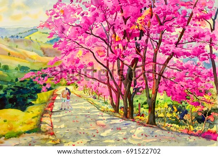 Paintings watercolor landscape original pink red color of Wild himalayan cherry,and lovers woman, boys, in morning on road with mountain sky cloud background, Hand painted,beauty nature winter season.