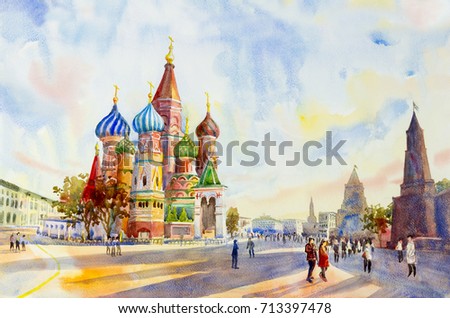 Kremlin and Cathedral of St. Basil in the Red Square Russia. the main tourist attraction in Moscow.  Painting landscape watercolor illustration, beautiful season summer and sky, cloud background.