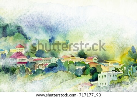 Abstract watercolor painting landscape on paper colorful of village view on hill mountain in the beauty winter season,wild life,fog in morning sky background. Painted Impressionist illustration image.
