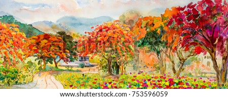 Autumn trees. Painting watercolor landscape red, orange and yellow color of Peacock flowers and leaf,in morning blue sky, cloud background, beauty nature winter season. Hand painted illustration