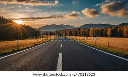 Similar – Image, Stock Photo Country road and path surrounded by fields with barley and rape, two trees standing at the roadside in front of a blue sky with little clouds and sunshine