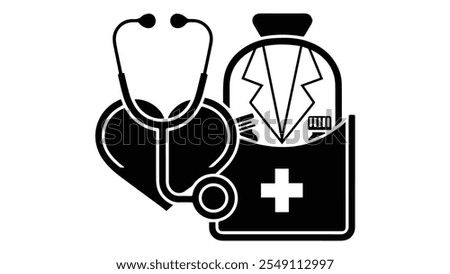 A stethoscope, a heart, and a medical bag. The stethoscope is positioned to the left, curving around the heart, which is depicted in the center. 