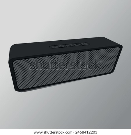 Realistic vector illustration of a black portable speaker on a gradient background. Wireless audio device to listen to music connected to your phone.