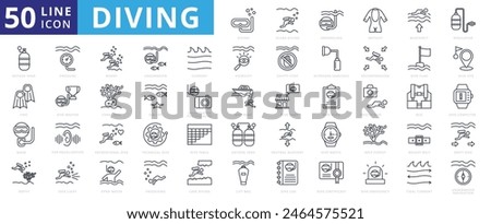 Diving icon set with scuba, snorkeling, wetsuit, buoyancy, regulator, oxygen tank, fins, mask, depth and pressure