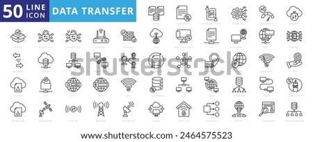 Data transfer icon set with database, file, sharing, management, bandwidth, latency, packet, network, encryption, and decryption