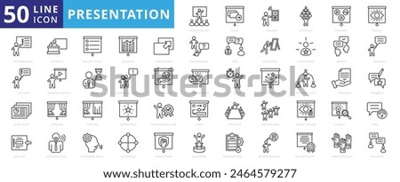 Presentation icon set with slide, speaker, audience, content, visual, important information, alert, side entry and deck