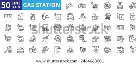 Gas station icon set with fuel, payment, tire pressure, no smoking, car wash, fast food, ticket, filling location and toilet.