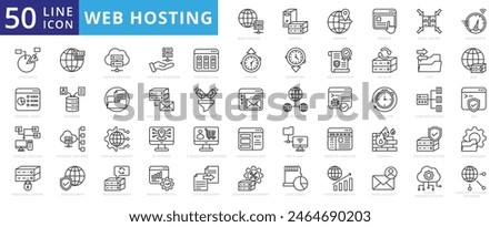 Web hosting icon set with server, domain, website, data center, bandwidth, disk space, control panel, dedicated and shared.