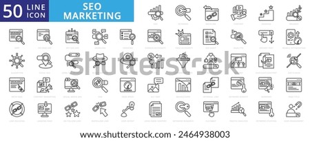 SEO Marketing icon set with keyword, backlink, content, ranking, organic, serp, algorithm, meta tags and link building.