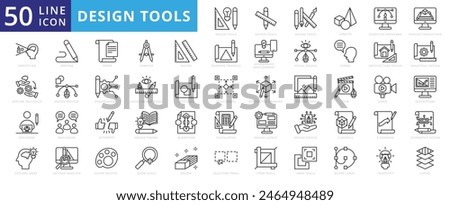 Design Tools icon set with objects, computer programs, process production, perception, explore ideas and designers.