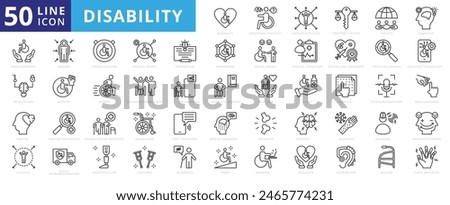 Disability icon set with experience difficulties, certain activities, equitable access, society, cognitive and developmental.