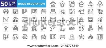 Home decoration icon set with design, trend, idea, renovation, interior, architecture, furnished, and floor plan.