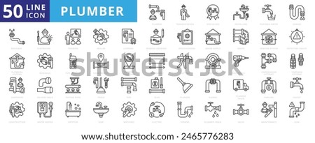 Plumber icon set with a tradesperson, specializes, in installing, portable water, sewage, drainage, and plumbing systems.