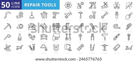 Repair tools icon set with maintenance, cutting, knife, sickle, scythe, hatchet, ruler, service, plunger, and drill.