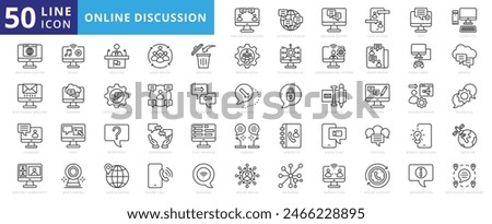 Online Discussion icon set with internet, forum, message board, chat rooms, group, meeting and web application.