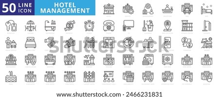 Hotel Management icon set with reception, taxi, bed, key, room service, restaurant, pool, lounge, bathroom and payment.