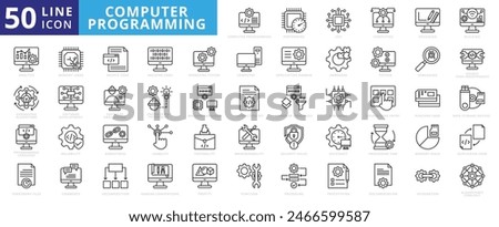 Computer Programing icon set with performing, cpu, computing, designing, building, analysis and generating algorithms.