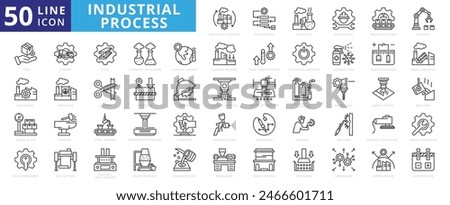 Industrial process icon set with procedures, chemical, mechanical, manufacturing, physical, item, electrical and large scale.