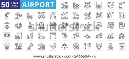 Airport icon set with aerodrome, landing area, runway, air transport, control tower, helipad, aprons and hangars.