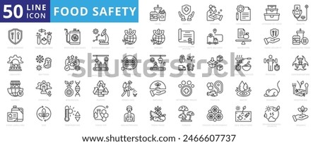 Food safety icon set with hygiene, preparation, storage, health, defense, industry, market, additives and labeling.